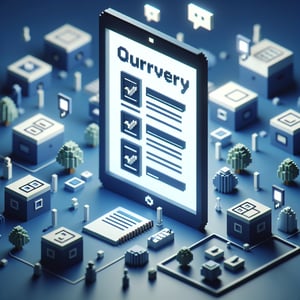3D voxel art depicting online student surveys on a dark blue background.