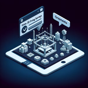 3D voxel art depicting the concept of online surveys related to 3D printing on a dark blue background.
