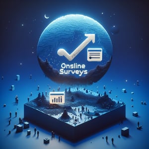 3D voxel art depicting online substance use surveys on a dark blue background.
