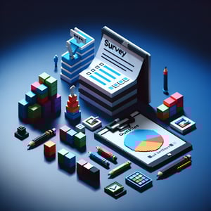 3D voxel art depicting online survey concept on a dark blue background for new product surveys.