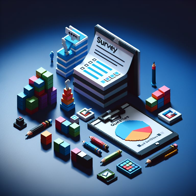 3D voxel art depicting online survey concept on a dark blue background for new product surveys.