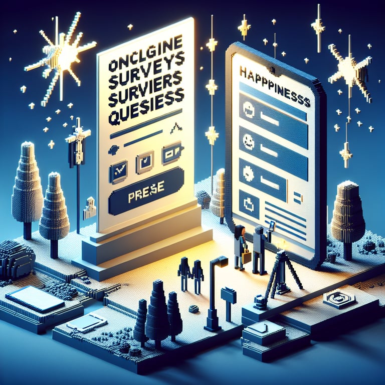 3D voxel art illustrating online happiness surveys on a dark blue background.