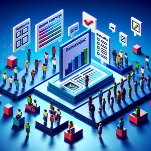 3D voxel art depicting online demographic surveys with a dark blue background.