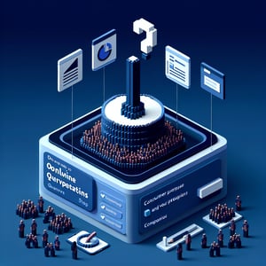 3D voxel art depicting online surveys, with a dark blue background, illustrating consumer perception towards company surveys.