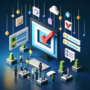 3D voxel art depicting online account management surveys on a dark blue background.