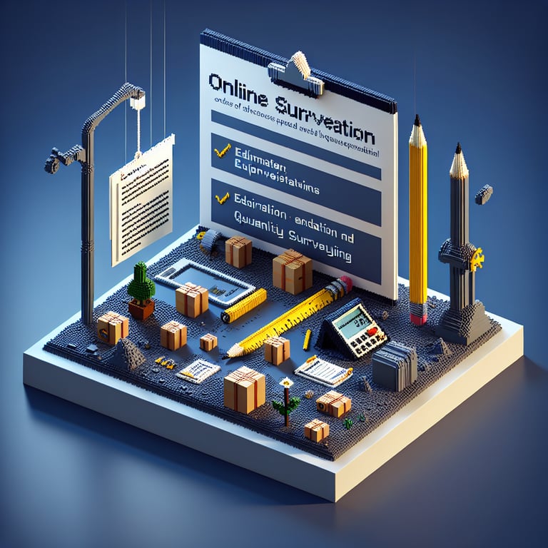 3D voxel art depicting online surveys and questions on a dark blue background for CE6704 estimation and quantity surveying.