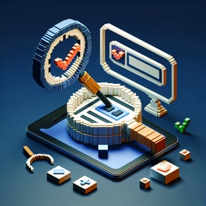 3D voxel art depicting the concept of online surveys with open-ended questions on a dark blue background.