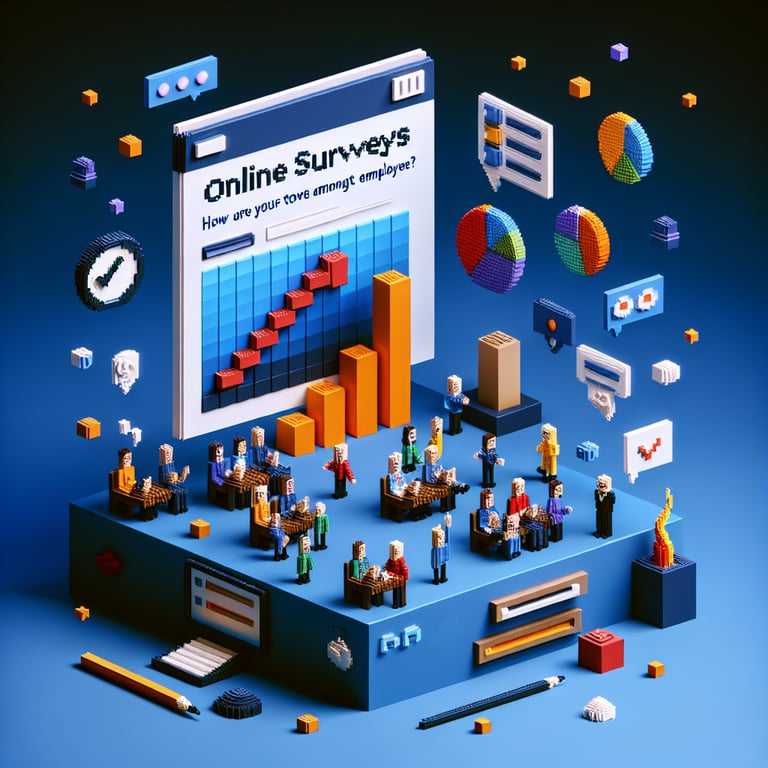 3D voxel art depicting the concept of engaging and fun online employee surveys on a dark blue background.