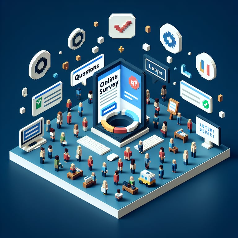 3D voxel art depicting the concept of online customer survey questions on a dark blue background.