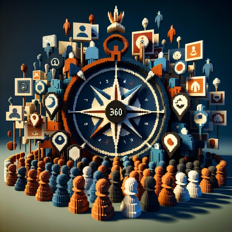 3D voxel art depicting online survey process, symbolizing 360 leadership survey questions.