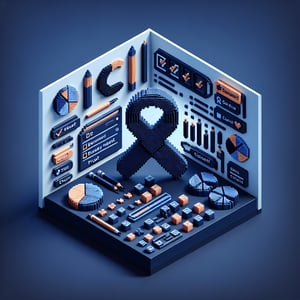 3D voxel art depicting online cancer survey process on a dark blue background.
