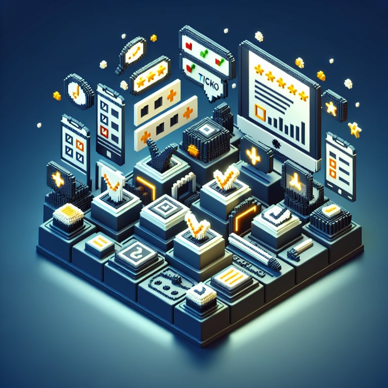 3D voxel art depicting online product surveys, featuring engaging elements on a dark blue background.