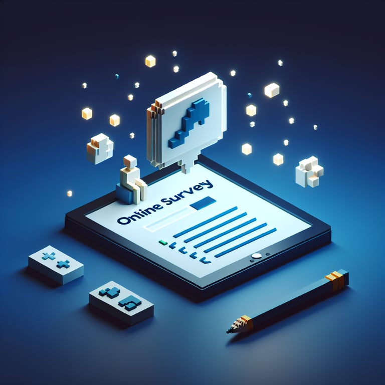 3D voxel art depicting online patient portal surveys on a dark blue background.