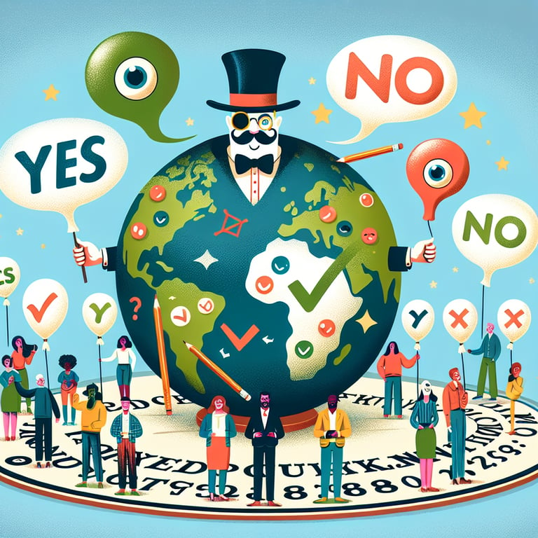 Illustration depicting various Yes or No Fun survey questions in a playful, global context.