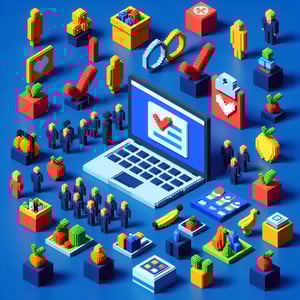 3D voxel art depicting online surveys, symbolizing company wellness program queries on a dark blue background.