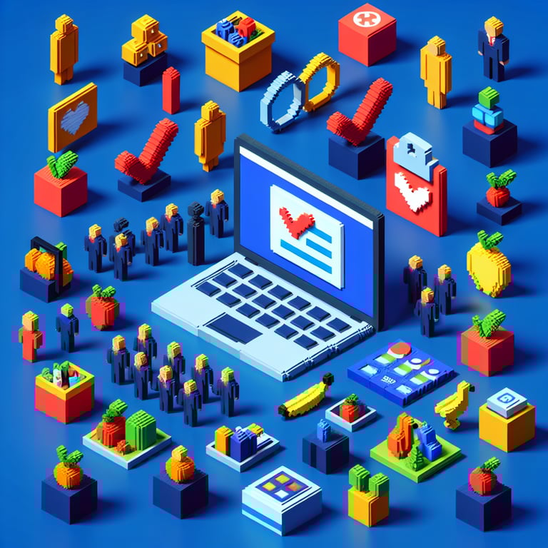 3D voxel art depicting online surveys, symbolizing company wellness program queries on a dark blue background.
