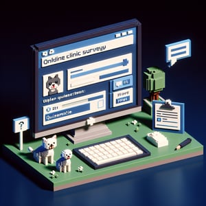3D voxel art depicting the concept of online pet clinic surveys on a dark blue background.