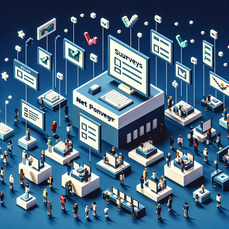 3D voxel art representation of online net promoter surveys on a dark blue background.