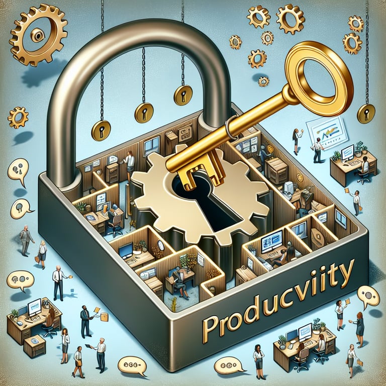 Illustration depicting the concept of unlocking productivity through work-related survey questions.