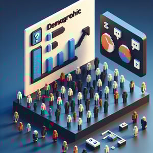 3D voxel art depicting the concept of demographic survey questions on a dark blue background.