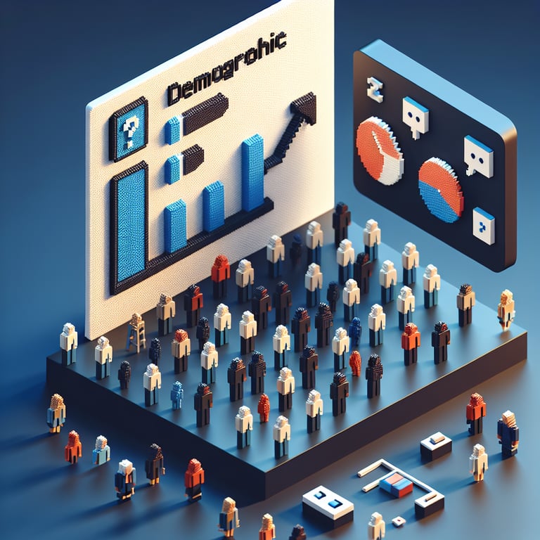 3D voxel art depicting the concept of demographic survey questions on a dark blue background.