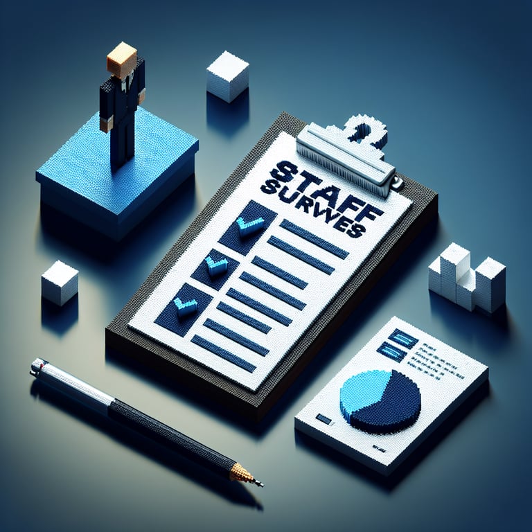 3D voxel art depicting online staff brand survey process on a dark blue background.