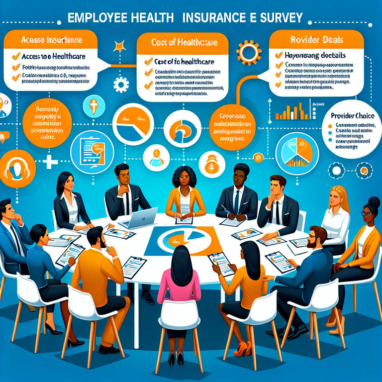 Illustration highlighting key topics in Employee Health Insurance survey questions.