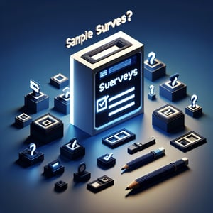3D voxel art depicting the concept of online surveys for branding, set against a dark blue background.