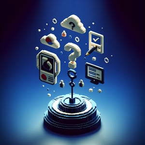 3D voxel art depicting the concept of online surveys on a dark blue background.