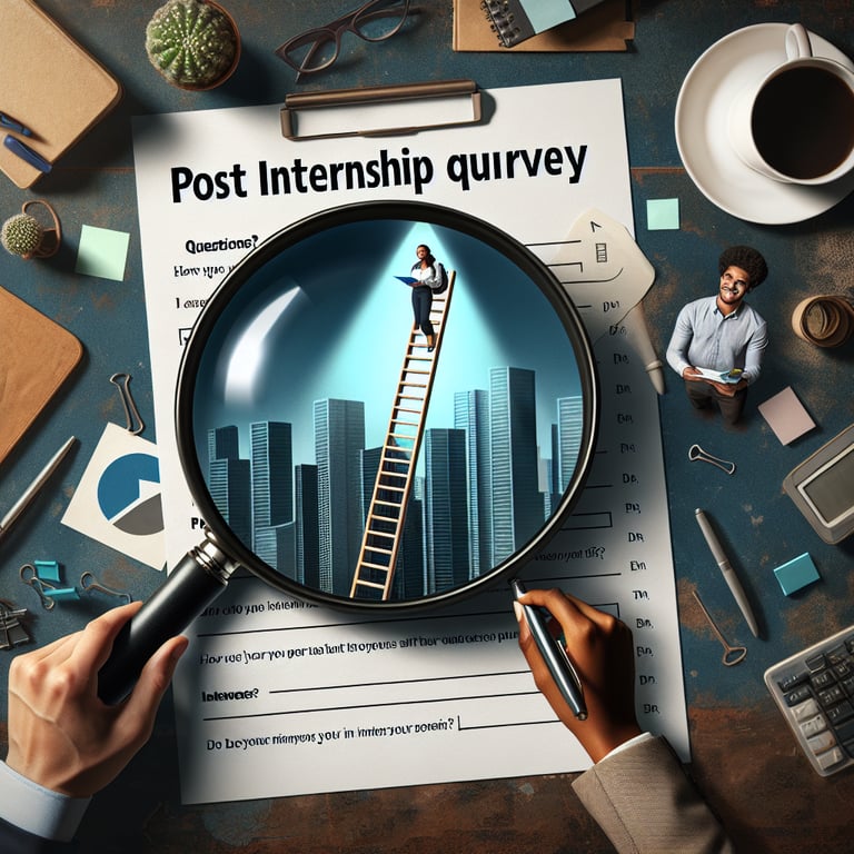 Illustration of Post Internship survey questions concept for evaluating internship success.