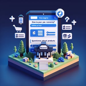3D voxel art depicting online surveys, with a focus on product-related questions, on a dark blue background.