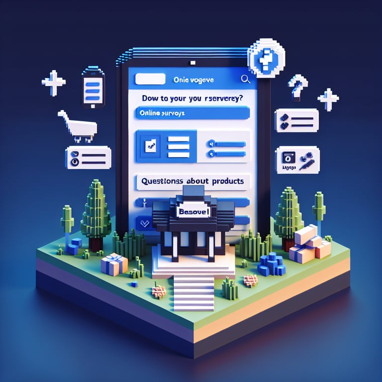 3D voxel art depicting online surveys, with a focus on product-related questions, on a dark blue background.