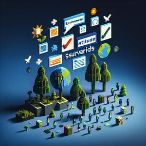 3D voxel art depicting online environmental attitude survey process on a dark blue background.