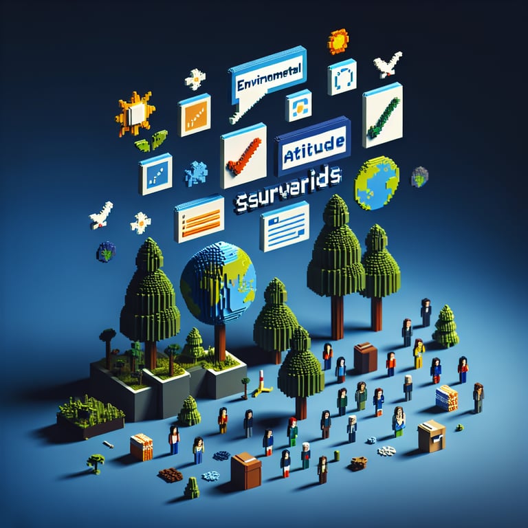 3D voxel art depicting online environmental attitude survey process on a dark blue background.