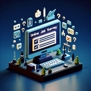 3D voxel art depicting online job survey concept on a dark blue background.