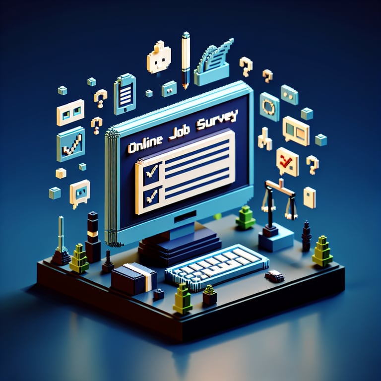 3D voxel art depicting online job survey concept on a dark blue background.