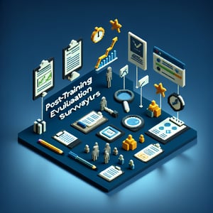 3D voxel art depicting online post-training evaluation surveys on a dark blue background.