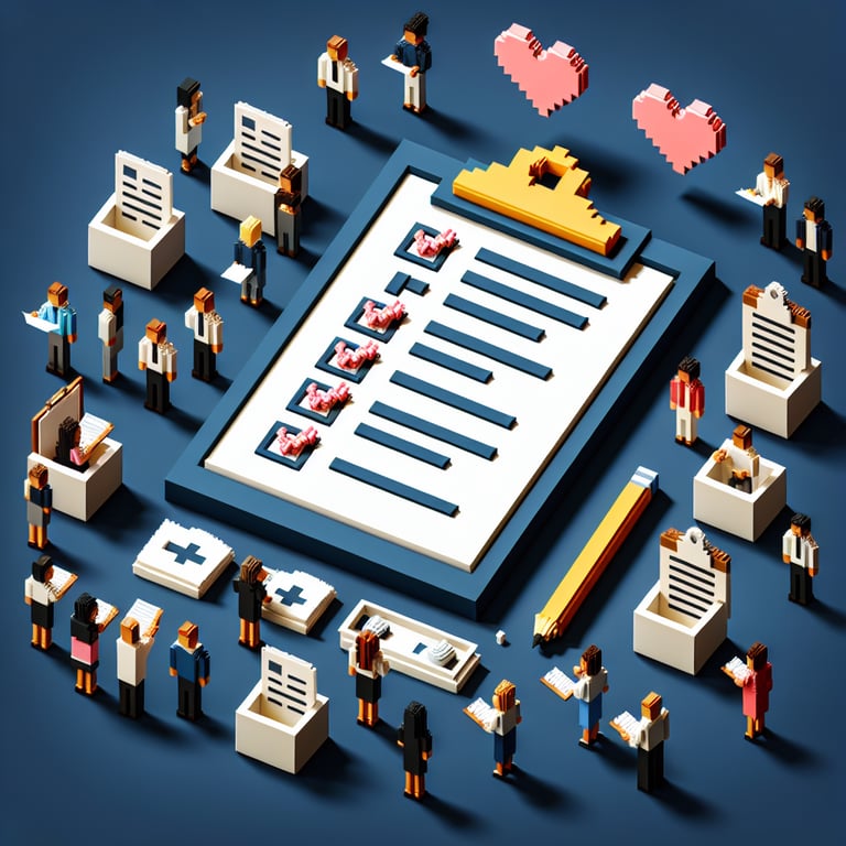 3D voxel art depicting online organizational health index surveys on a dark blue background.