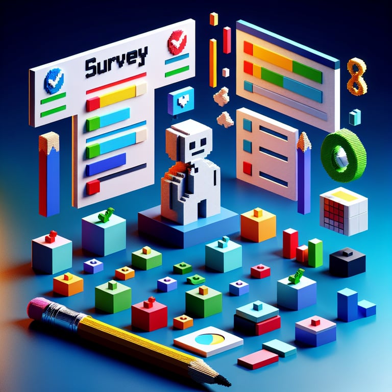 3D voxel art depicting online personality type survey process on a dark blue background.