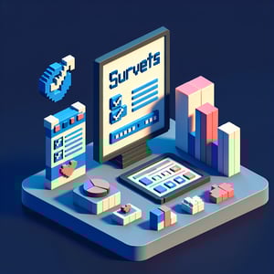 3D voxel art depicting online survey concept, with a focus on female sex surveys, set against a dark blue background.