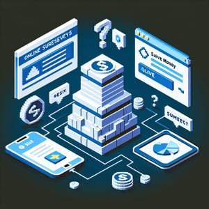 3D voxel art depicting online surveys on a dark blue background, representing saving money queries.