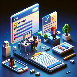 3D voxel art illustrating the concept of online survey questions for pilot programs on a dark blue background.