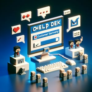3D voxel art depicting online help desk customer satisfaction survey process on a dark blue background.