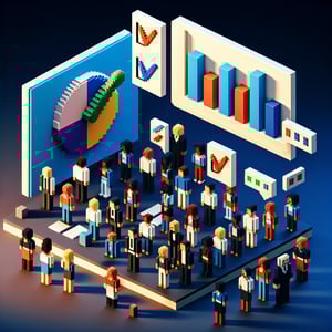 3D voxel art depicting online service quality surveys on a dark blue background.
