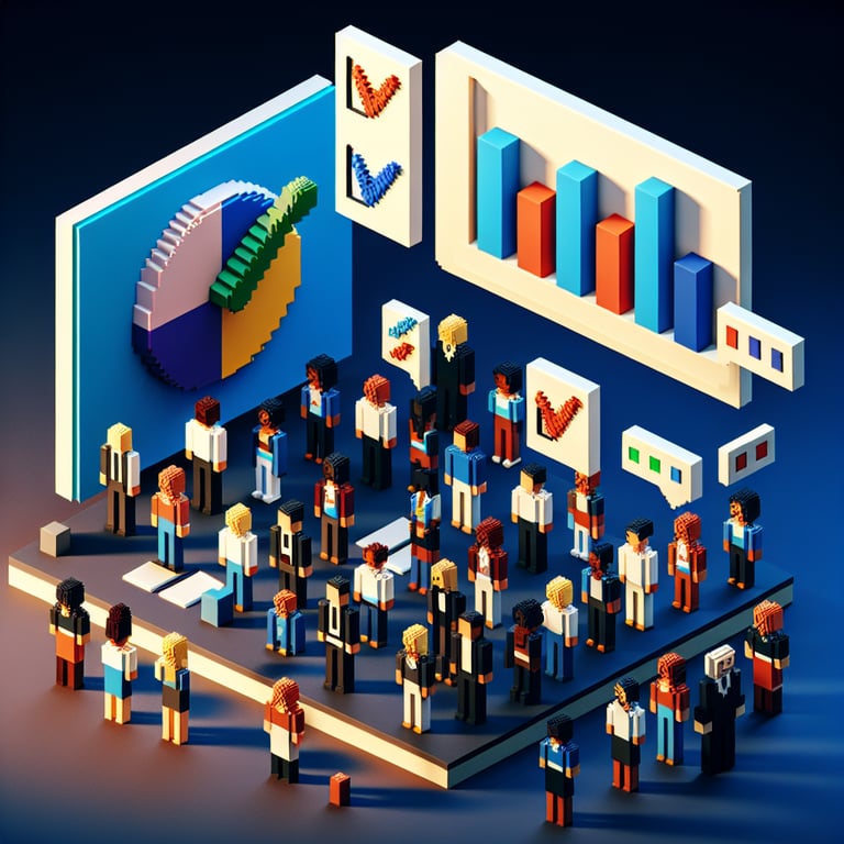 3D voxel art depicting online service quality surveys on a dark blue background.