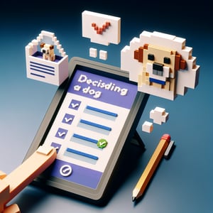 3D voxel art depicting online dog adoption survey with a dark blue background.