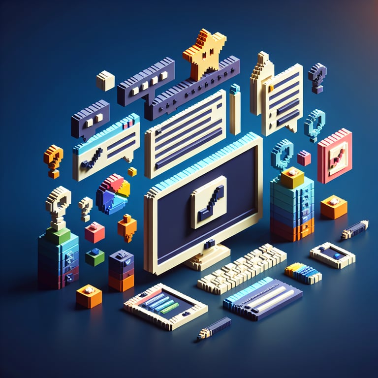 3D voxel art depicting online pre-event survey process on a dark blue background.