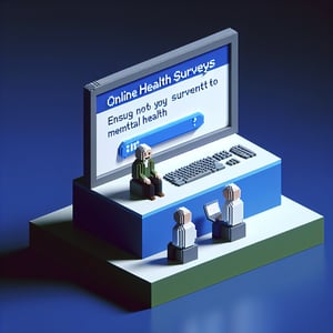 3D voxel art depicting online mental health surveys on a dark blue background.