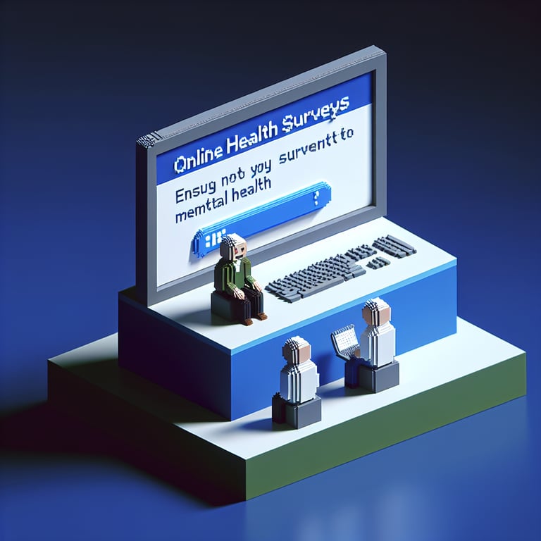 3D voxel art depicting online mental health surveys on a dark blue background.