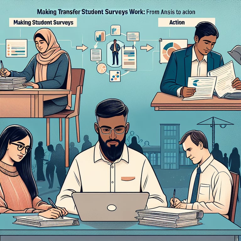 Illustration depicting the process of analyzing and implementing Transfer Student survey questions.